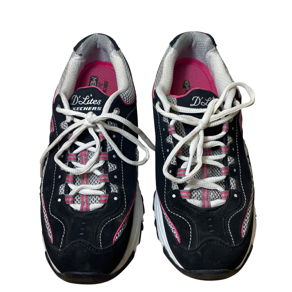 Skechers DLites Womens 7.5 Black Pink White Leather Sneakers